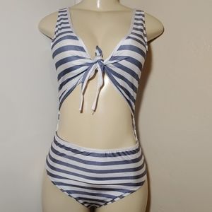 Front Tie White & Blue Gray Striped One Piece
